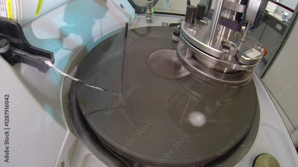 Poster close-up of a rotating lapping machine with white slurry dripping onto the disc for precision grindi