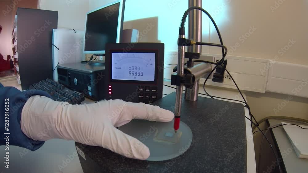 Poster laboratory technician using a contact profilometer to measure surface thickness and roughness of a m