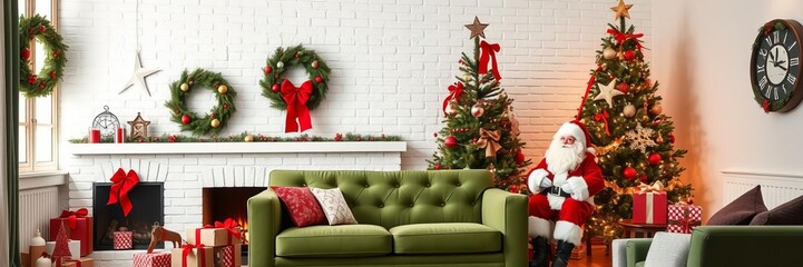 Stylish Christmas living room interior with green sofa, white chimney, Christmas tree, wreath, gifts and decorations, wreath, white chimney, green sofa