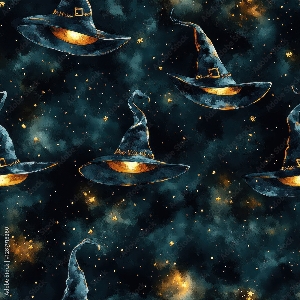 Poster seamless pattern of witches' hats pattern floating in a celestial, starry, dreamy, and dark midnight