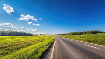 Fototapeta premium Wide road into distance, flanked by green fields and blue sky. High-definition, horizontal composition. Serene beauty.