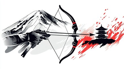 Archer Aiming at Japanese Pagoda with Mount Fuji Background - Bold Graphic Design