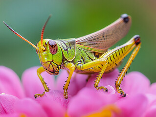 Fototapeta premium Grasshopper perched on vibrant flower in a garden