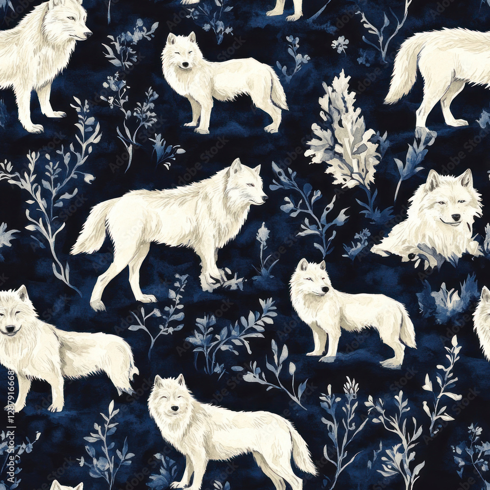 Poster seamless pattern of wolves roam amidst stylized floral patterns. dark textured backdrop creates dept