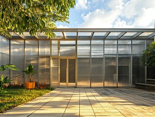 A glass greenhouse structure houses plants within its steel and glass architecture