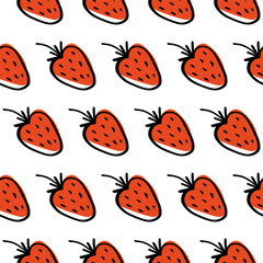 Seamless Hand-Drawn Strawberry Pattern – Cute Red Fruit Illustration with Black Outline on White Background for Fabric, Wallpaper, Wrapping Paper, Textile, Digital Art, and Summer-Themed Designs