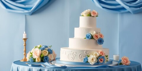 Three tier wedding cake adorned with elegant blue and gold floral decorations, wedding, elegant, dessert
