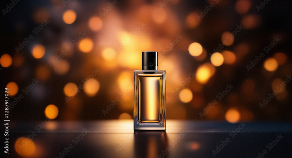 Poster elegant perfume bottle with golden liquid stands on a reflective surface, softly illuminated by warm