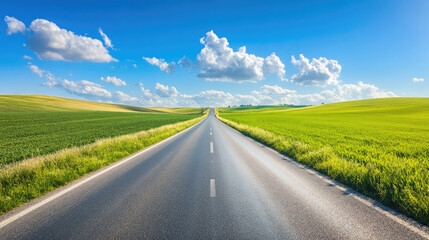 Wide road into distance, flanked by green fields and blue sky. High-definition, horizontal composition. Serene beauty.