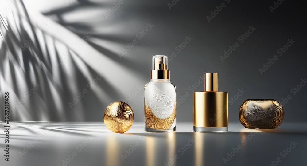 Poster elegant gold and white cosmetic bottles and containers are displayed with leaf shadows on a gray bac