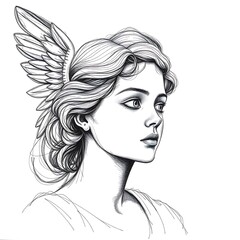 Fototapeta premium Hand-Drawn Scratchboard Angel Sketch with Detailed Wings and Serene Expression