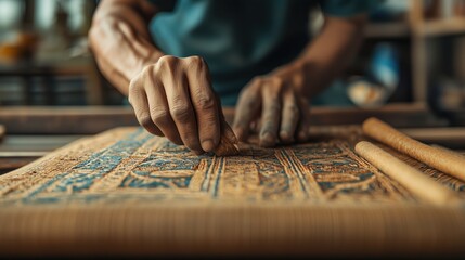 Skilled Artisan Handcrafting Traditional Textiles in a Bright Industrial Workshop Setting