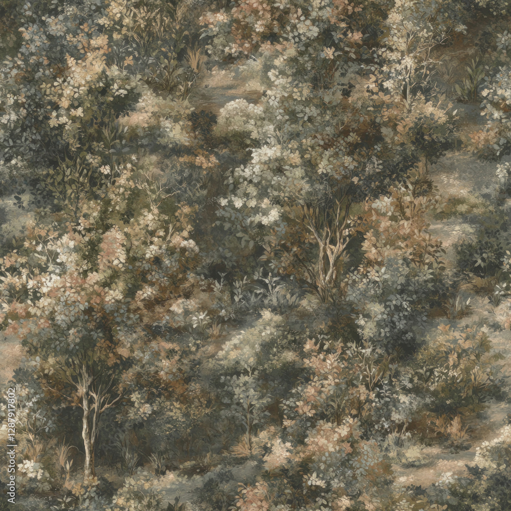 Poster Seamless pattern of Woods scene showing forest trees and ground. Trees dominate the landscape and define background