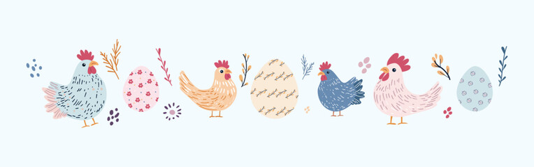Horizontal banner featuring chickens, Easter eggs, and floral elements in a pastel color scheme.

