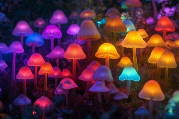 Fototapeta premium Vibrant bioluminescent mushrooms illuminate a mystical forest pathway during twilight hours