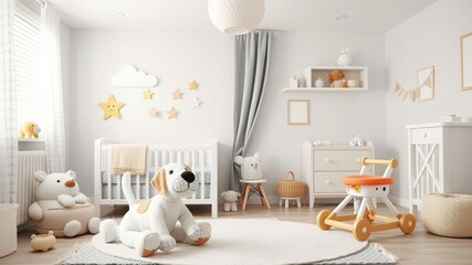Toy walker with soft dog in baby room interior design, a cozy and playful addition to nursery decor, baby room, soft dog, playtime