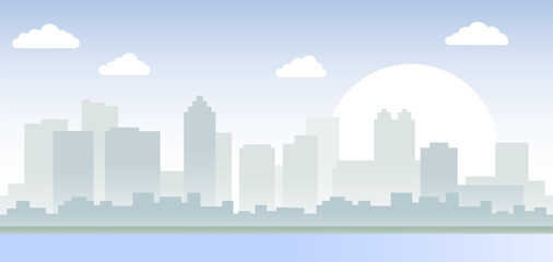 Fototapeta premium A Beautiful and Serene Cityscape Featuring a Bright Horizon with Soft, Fluffy Clouds Above