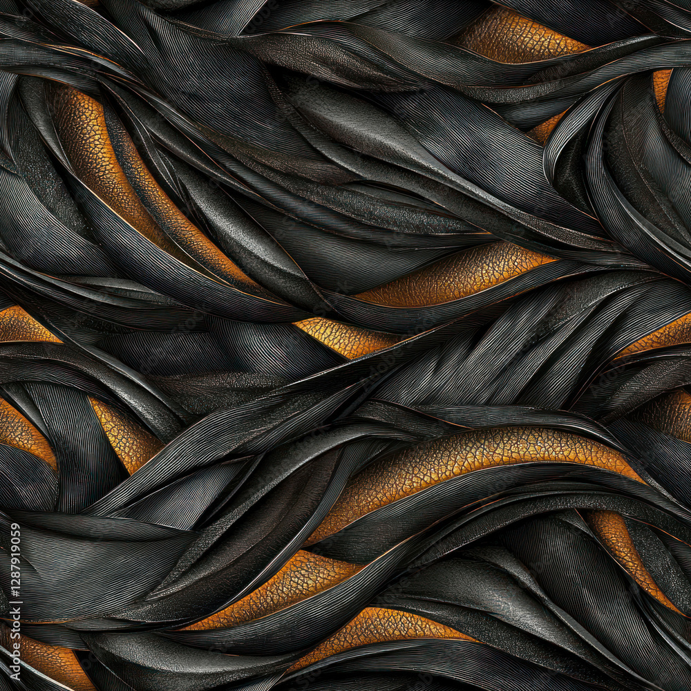 Aufkleber woven texture overlapping dark shapes with golden layer. abstract background close up