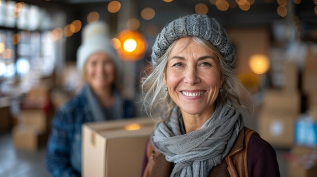 Moving. A smiling senior woman is moving boxes in their new apartment with her wife.