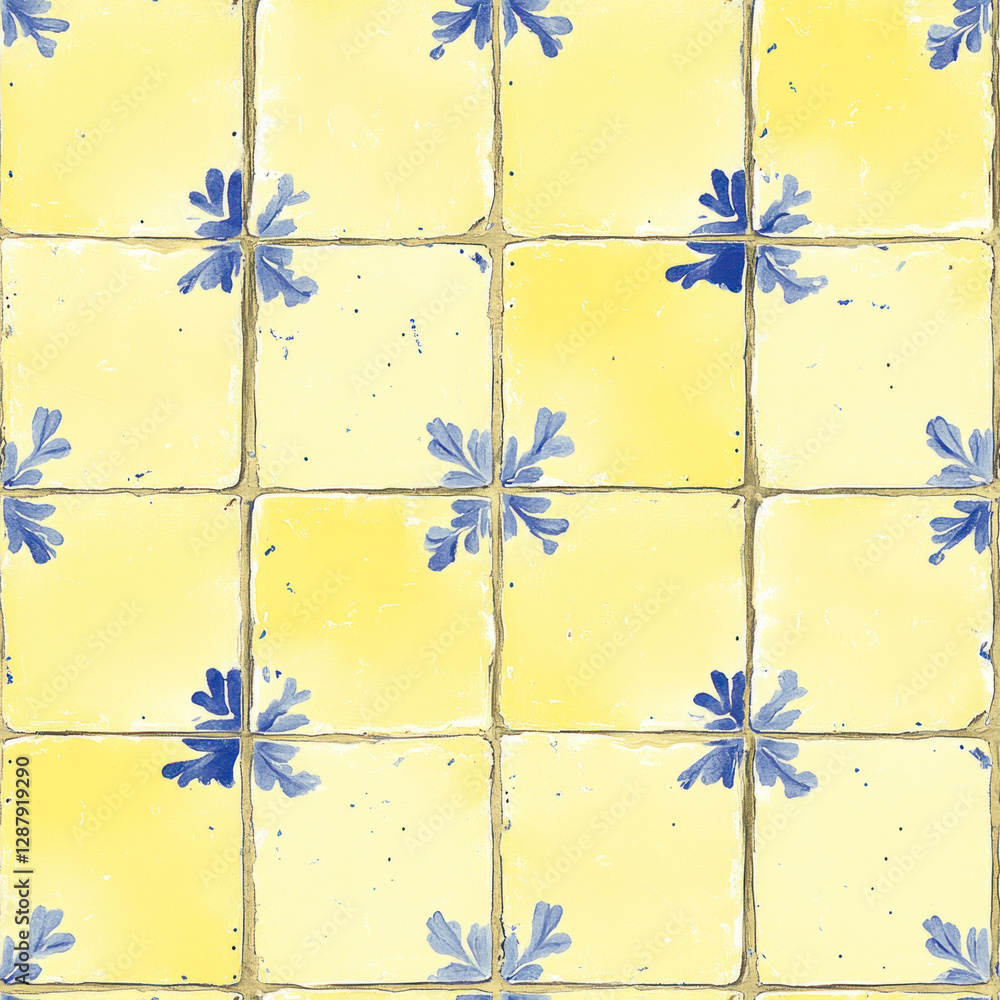 Poster yellow and blue floral tile pattern arranged in a square grid, creating a seamless background