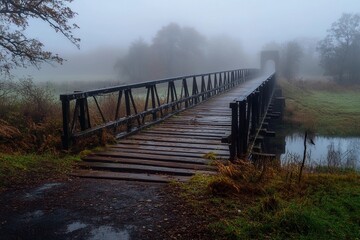 Misty wooden bridge leads to a lonely tree on a rocky island during early morning fog
