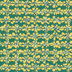 Yellow floral pattern background repeats across the tiles with decorative geometric floral design