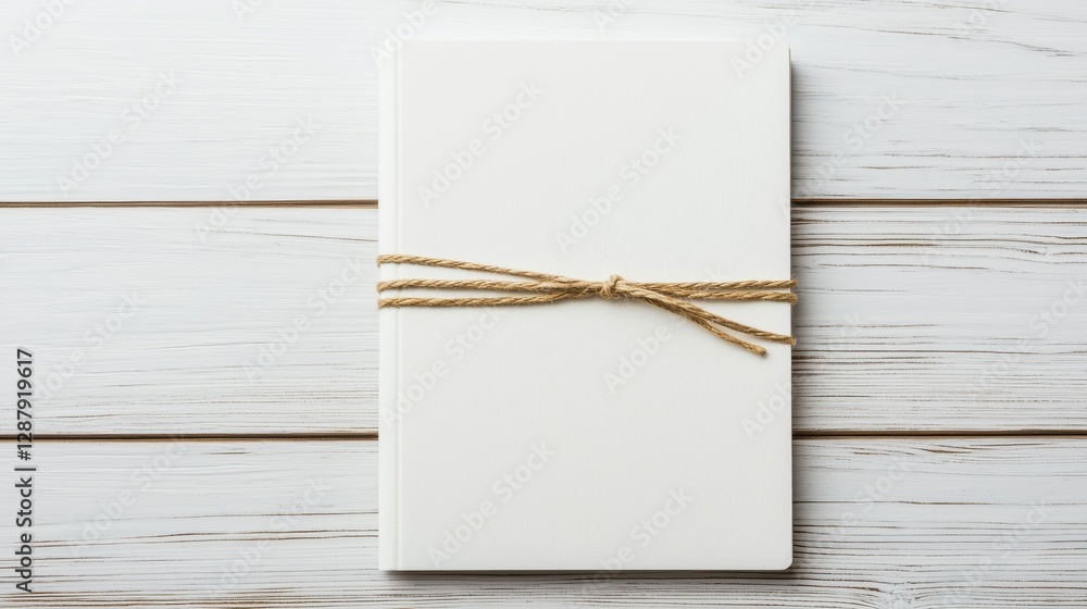 Poster white notebook tied with a simple string, lying on a light wooden surface.