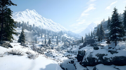 Snowy Mountain Valley Landscape in Winter
