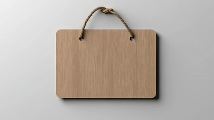 Wooden blank signboard hanging on a rope against a neutral background.