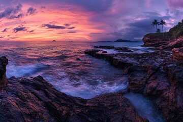 Colorful Sunset Over Rocky Coastline Panorama