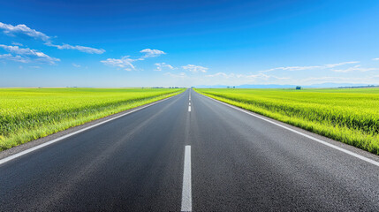 Fototapeta premium Wide road into distance, flanked by green fields and blue sky. High-definition, horizontal composition. Serene beauty.