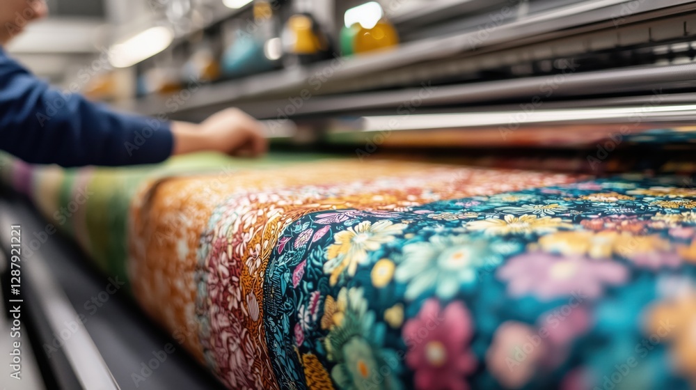 Poster colorful fabrics on roll in textile factory with focus on industrial printing process and worker han