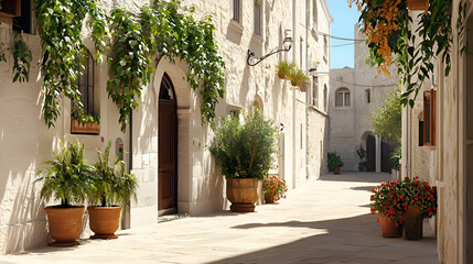 Fototapeta premium Sunlit Mediterranean Alleyway with Terracotta Pots and Lush Greenery