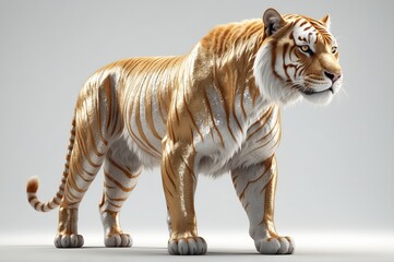 Obraz premium Majestic golden tiger standing, facing right, on a neutral background.