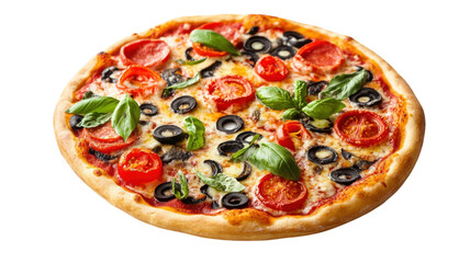 Deliciously prepared pizza topped with fresh tomatoes, olives, and basil on a wooden surface ready to be served