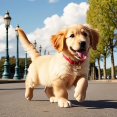 cute puppies running or playing around in the middle of city