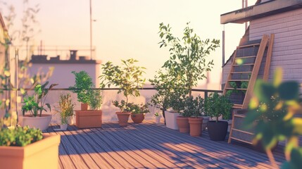 Fototapeta premium Serene Rooftop Garden With Varied Plants And Wooden Accents