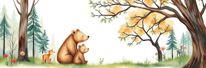 Fototapeta premium Watercolor woodland landscape with cute baby animals, bear, trees, and summer forest setting for baby shower design and kids wall art, watercolor, woodland, bear