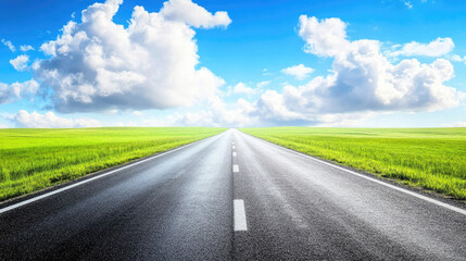 Fototapeta premium Wide road into distance, flanked by green fields and blue sky. High-definition, horizontal composition. Serene beauty.