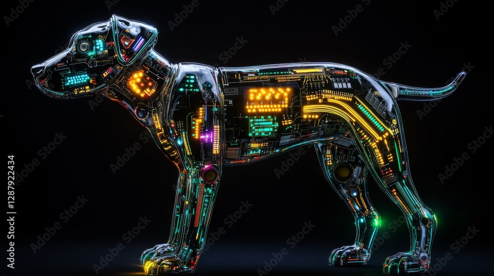 Poster illuminated robotic dog with vibrant circuitry and neon colors on a dark background. futuristic tech