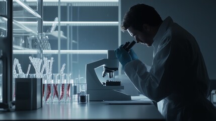 A criminal investigator analyzing DNA samples in a forensic lab. Featuring genetic analysis and forensic techniques