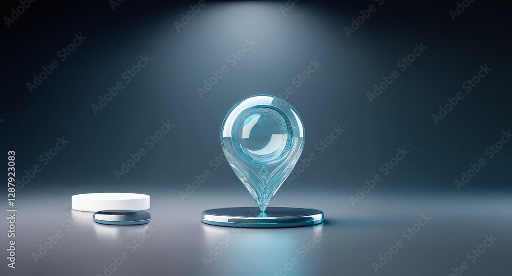 Fototapete a glossy 3d location pin stands illuminated by a spotlight on a dark stage. the pin, rendered in gla