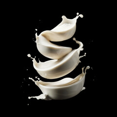 liquid splash of creamy white yogurt floating in the air, isolated on solid black background