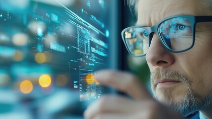 Software engineer working with futuristic transparent display showing programming code and data analysis charts