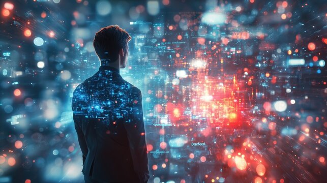 Businessman analyzing data flow in futuristic virtual reality interface