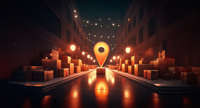 A warehouse corridor with stacked boxes converging towards a central location pin under warm orange lights, creating a focused perspective view of distribution. - Powered by Adobe