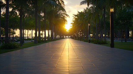 Obraz premium Sunlit Pathway Through Tropical Trees at Sunset