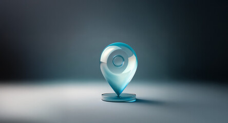 Shiny light blue location pin icon on reflective surface, dark blurred background. Translucent, glass or plastic appearance. Stands alone, illuminated.
