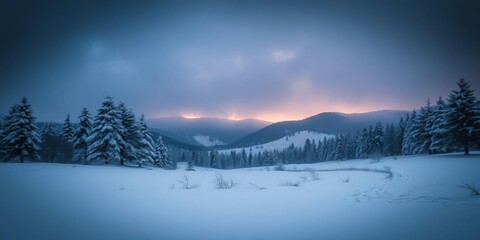 Fototapeta premium Winter landscape of Carpathian Ukraine with snowy trees and dramatic lighting, perfect for holiday-themed dairy product advertising, lighting, landscape, snowy