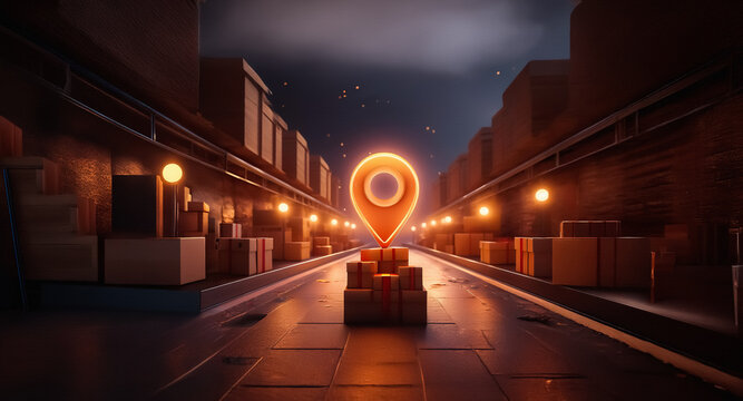 Night scene in warehouse aisle with glowing location pin on boxes. Dim lights illuminate stacks of packages in industrial space.